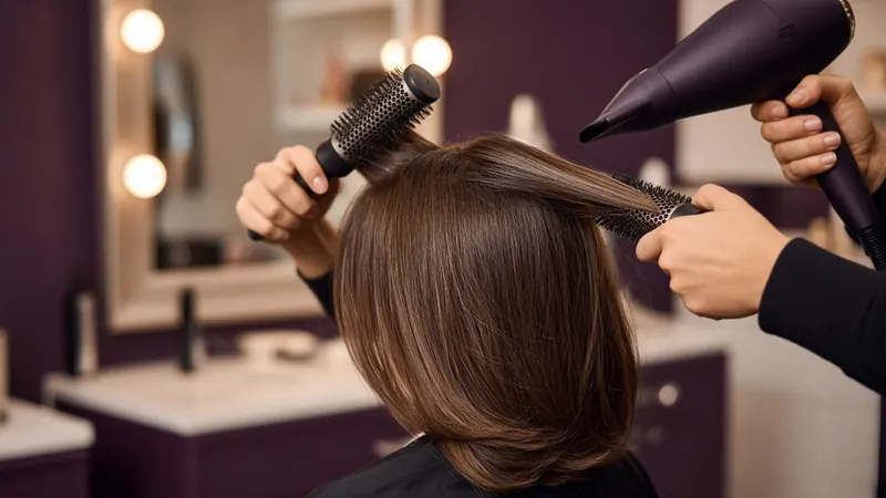 Stylist's hands blow-drying a client's glossy brown hair with a round brush, seen from behind
