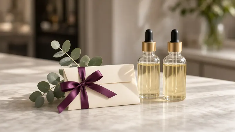 Cream gift voucher envelope tied with a plum ribbon beside eucalyptus and two bottles of hair oil