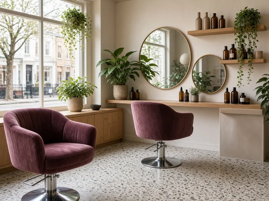 Bright salon interior with two plum velvet styling chairs, round mirrors and plants by a large window